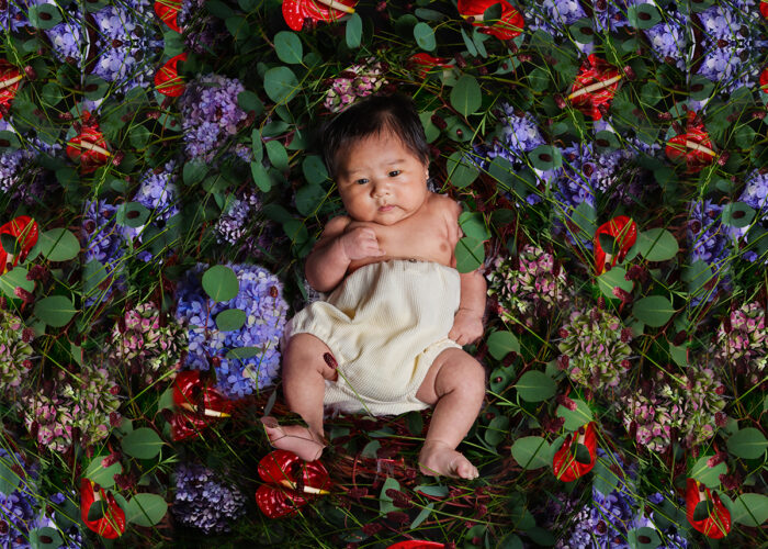 花に囲まれた赤ちゃん